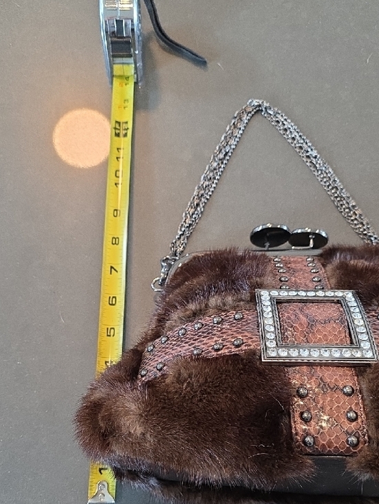Brown Mink and Snake-Texture Evening Bag with Rhinestone Buckle & Kiss Closure - Picture 16 of 16